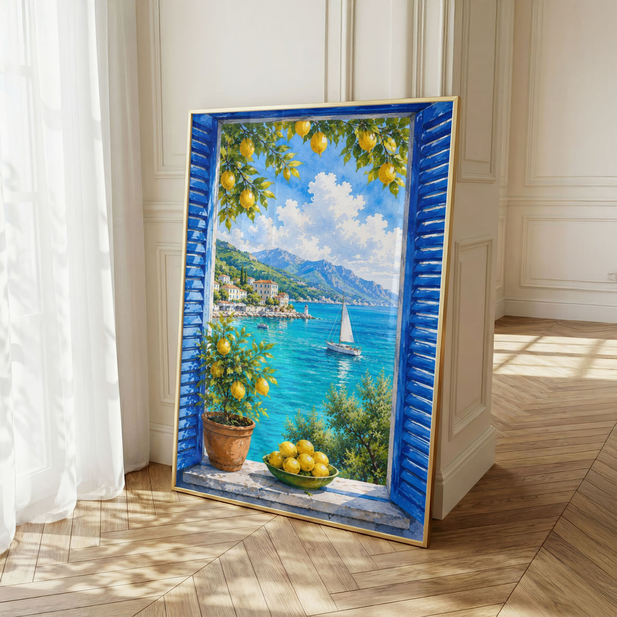 Mediterranean Window Wall Art Set of 3: Blue Shutters, Lemon Trees & Coastal Views Printable