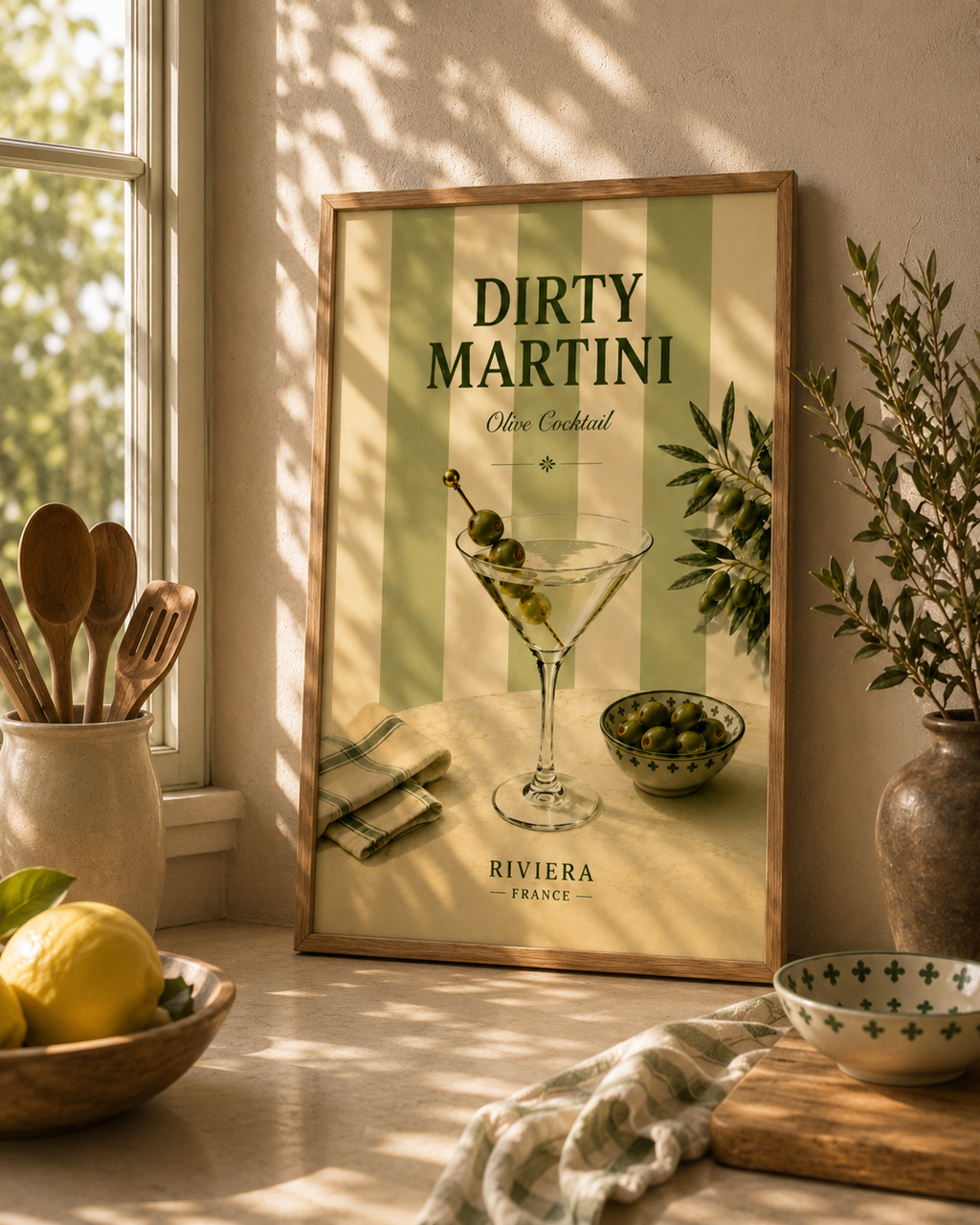 Dirty Martini Cocktail Wall Art: Mediterranean Bar Cart Decor Printable