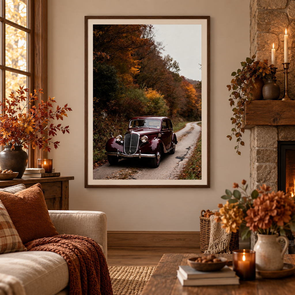 Vintage Car Wall Art: Burgundy Car on Autumn Country Road, Moody Fall Photography Printable