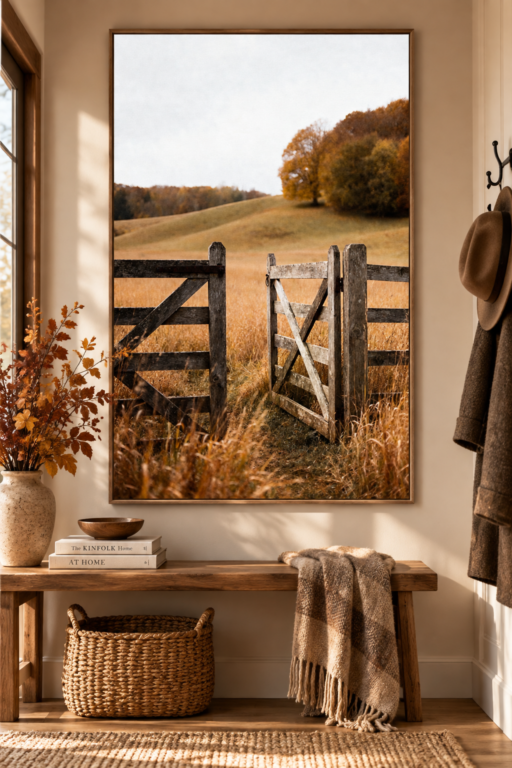 Autumn Countryside Wall Art: Wooden Gate Meadow Landscape Photography Printable