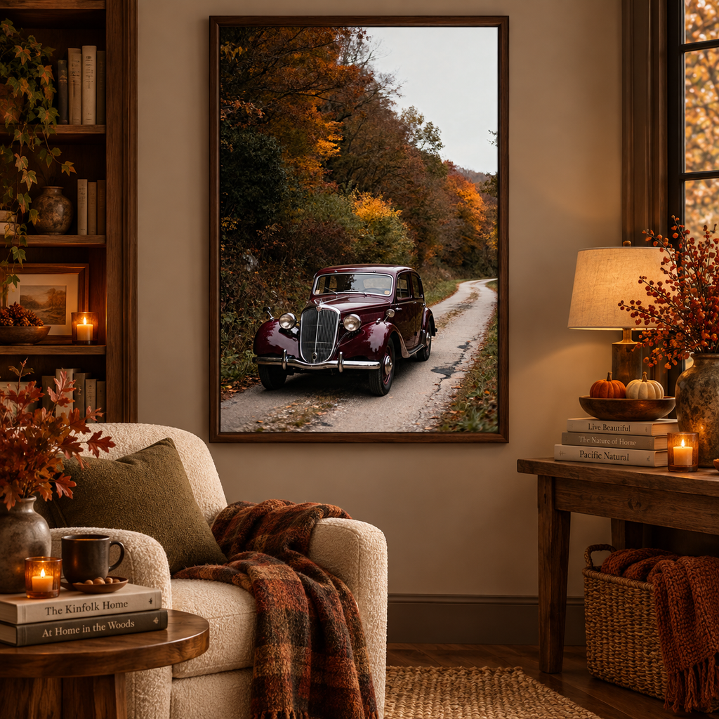 Vintage Car Wall Art: Burgundy Car on Autumn Country Road, Moody Fall Photography Printable
