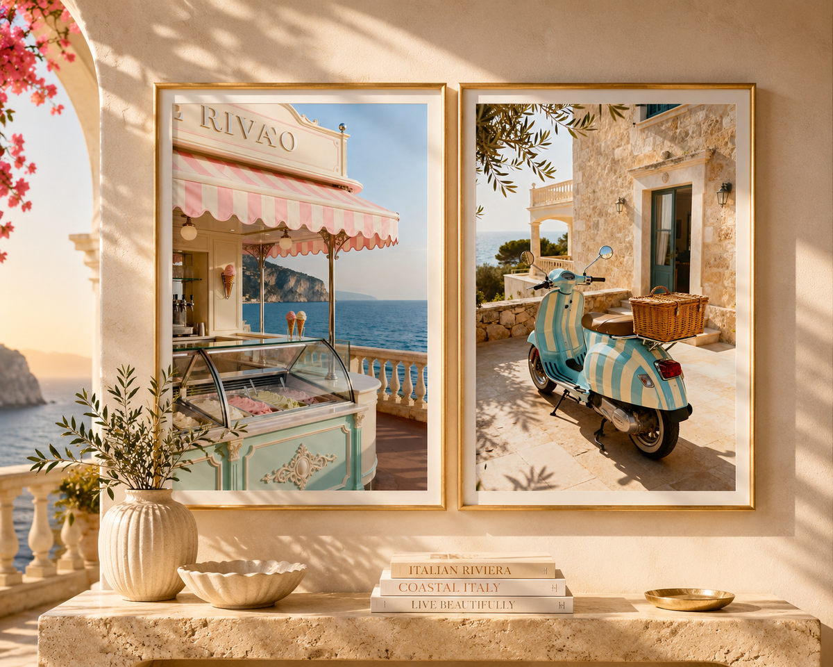 Italian Riviera Wall Art Set of 2: Vintage Scooter & Coastal Photography Printable