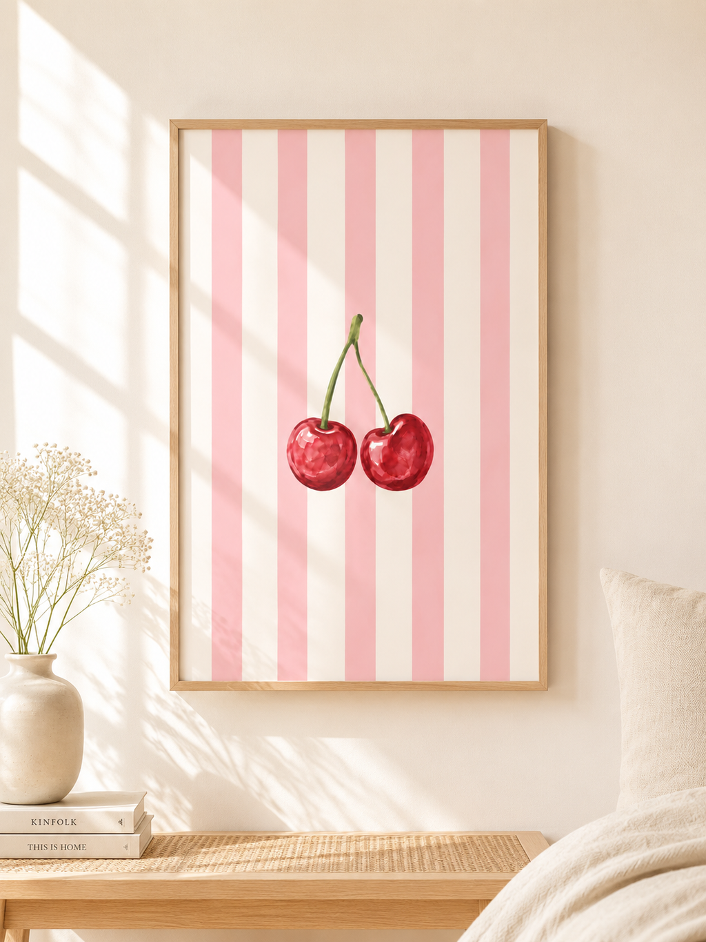 Cherry Wall Art Set of 3: Pastel Striped Bedroom Decor, Coquette Printable