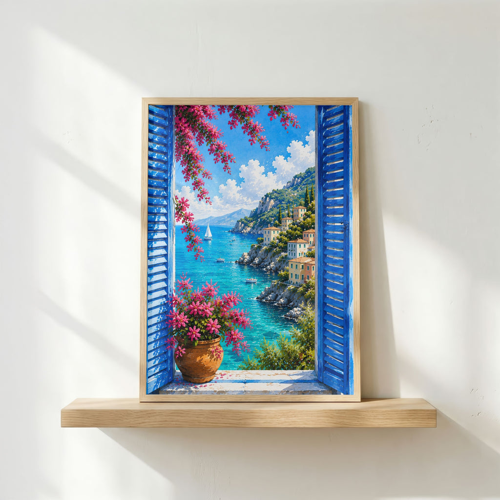 Mediterranean Window Wall Art Set of 3: Blue Shutters, Lemon Trees & Coastal Views Printable