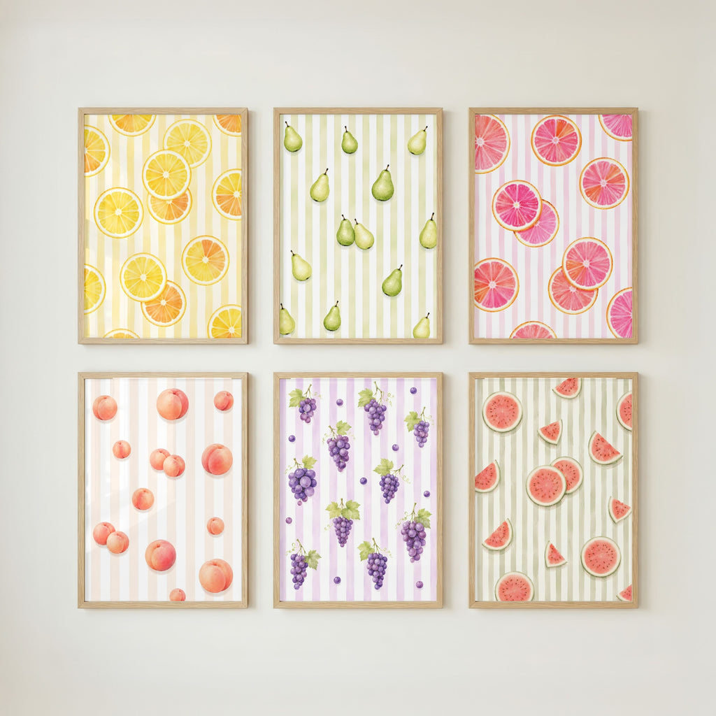 Striped Fruit Wall Art Bundle of 12: Colorful Summer Kitchen Printable