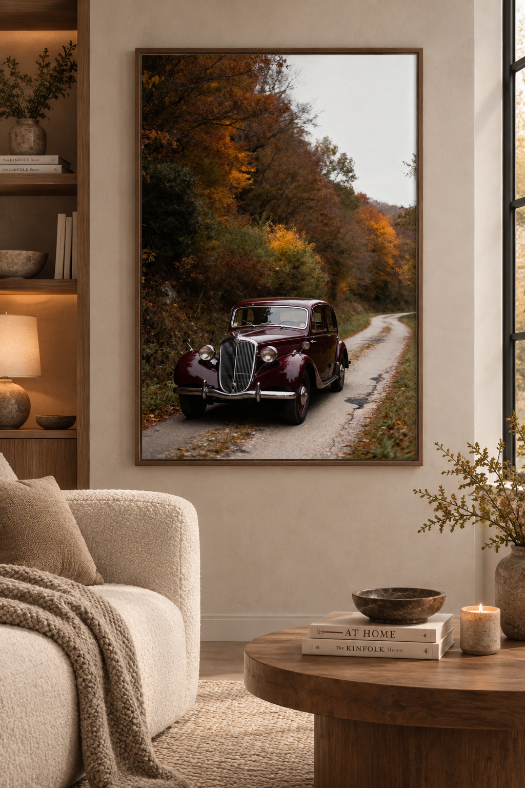 Vintage Car Wall Art: Burgundy Car on Autumn Country Road, Moody Fall Photography Printable