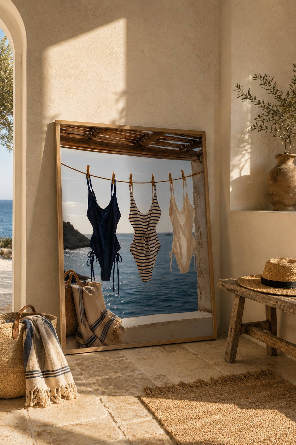 Coastal Swimsuit Wall Art: Hanging Bikini Photography, Mediterranean Summer Beach House Decor Printable