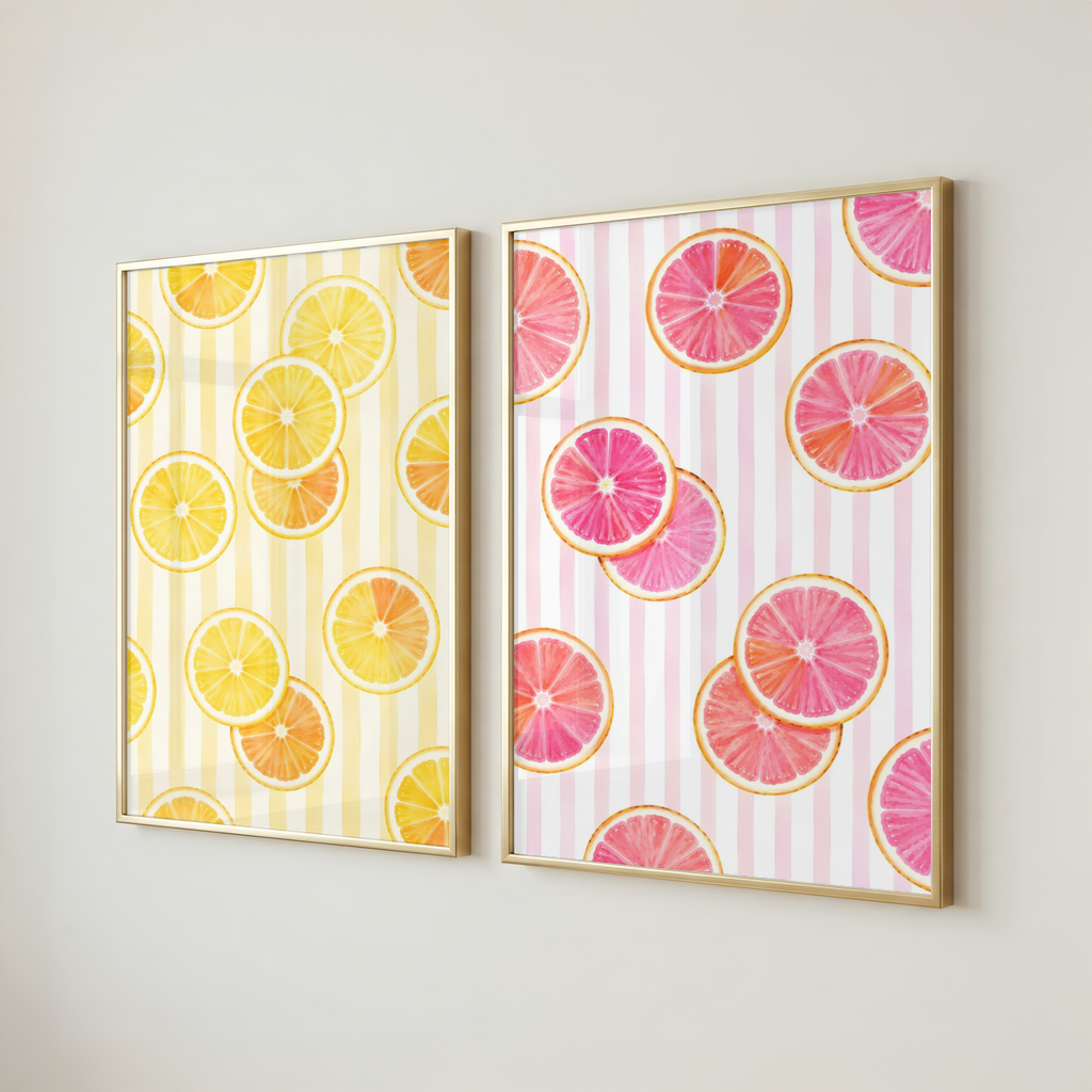Striped Fruit Wall Art Set of 6: Mediterranean Kitchen Decor & Citrus Printable