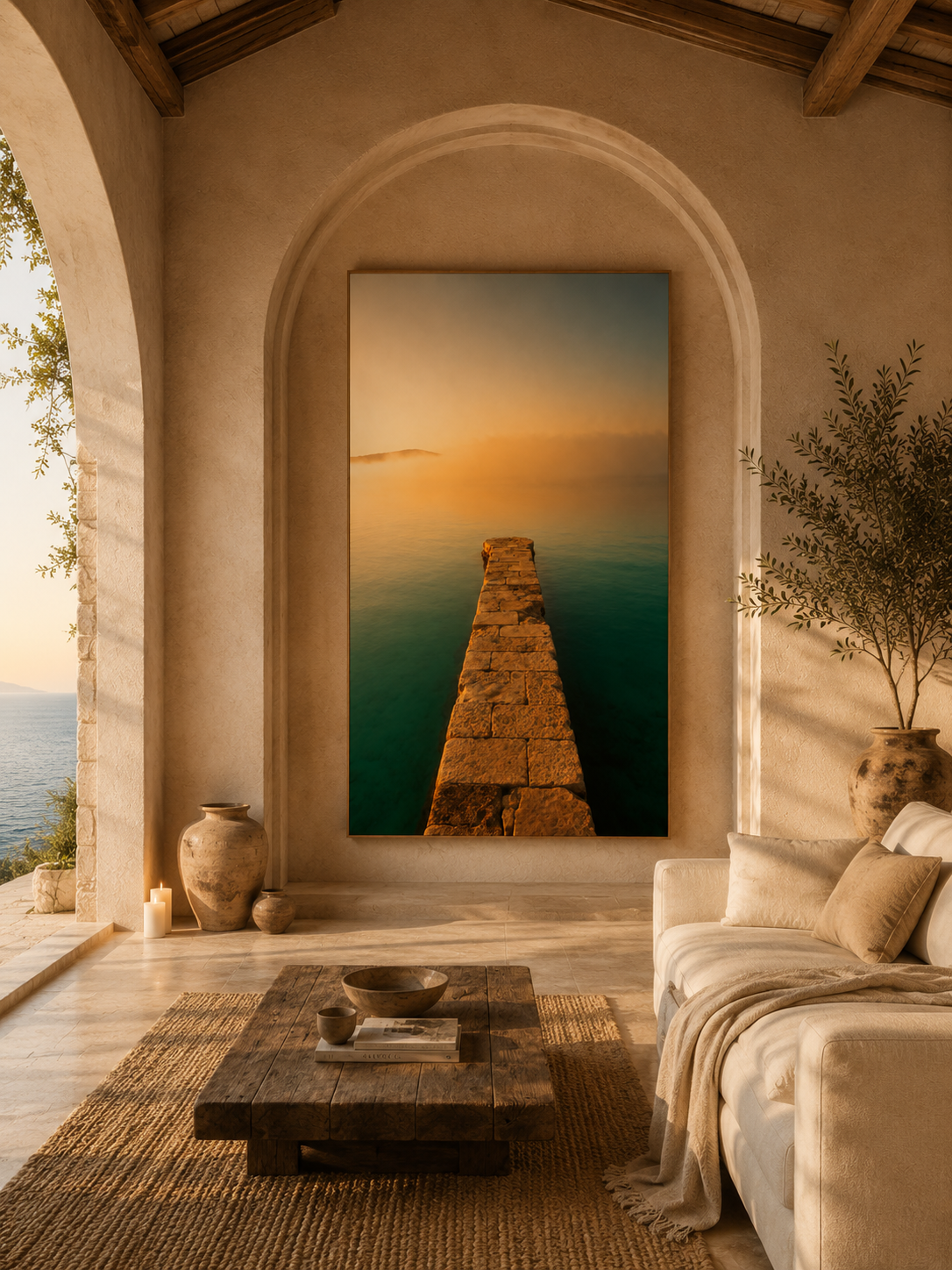 Mediterranean Coastal Wall Art: Stone Pier Bathroom Decor Printable