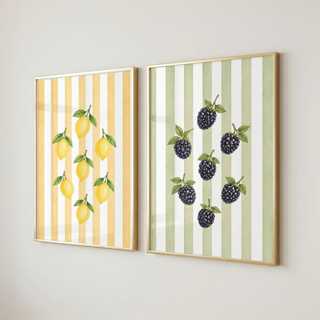 Striped Fruit Wall Art Set of 8: Colorful Kitchen Fruit Decor, Lemon Strawberry Cherry Printable