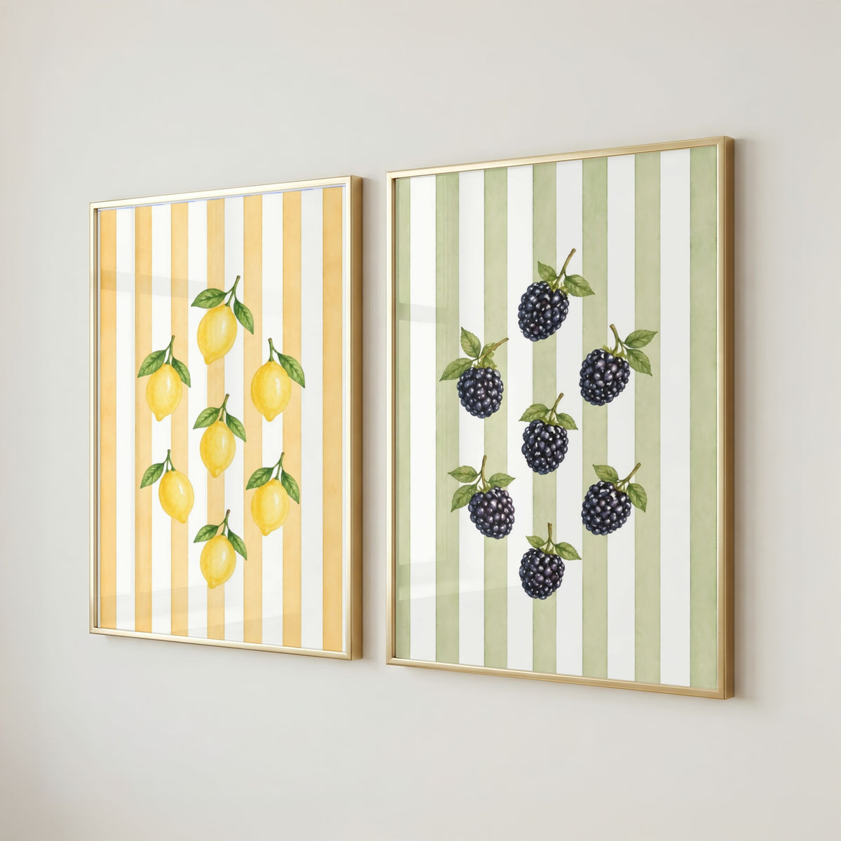 Striped Fruit Wall Art Set of 8: Colorful Kitchen Fruit Decor, Lemon Strawberry Cherry Printable