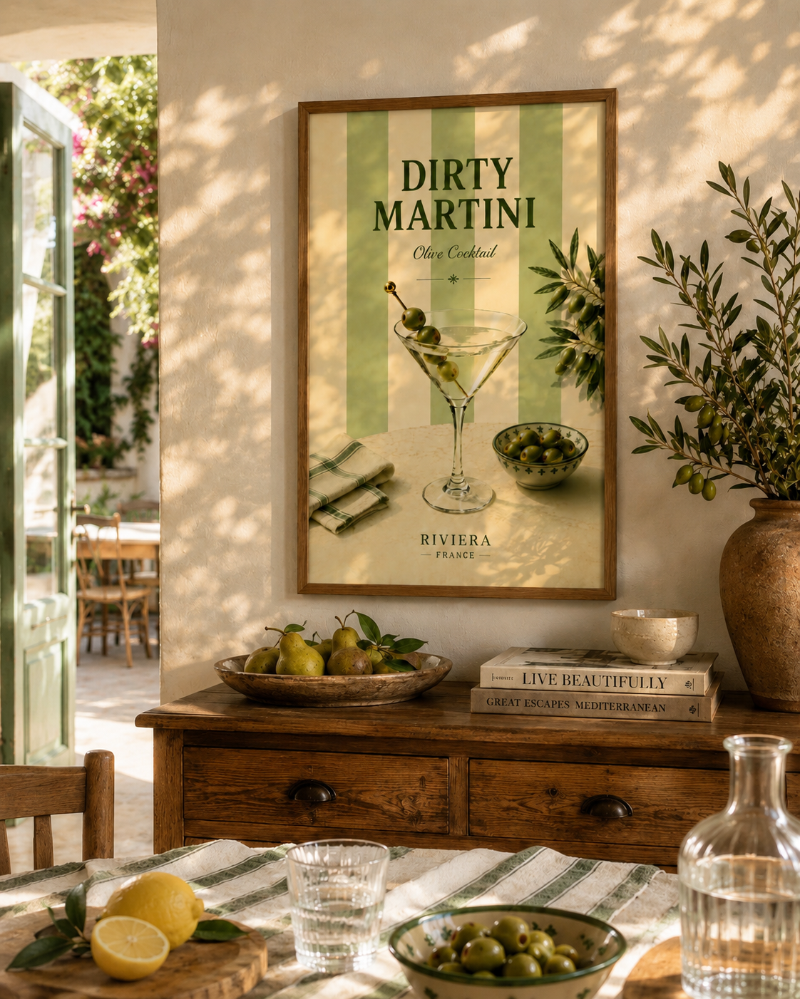 Dirty Martini Cocktail Wall Art: Mediterranean Bar Cart Decor Printable