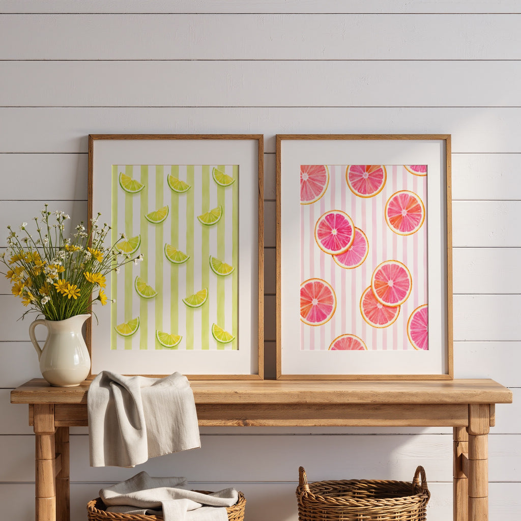 Striped Fruit Wall Art Set of 6: Mediterranean Kitchen Decor & Citrus Printable