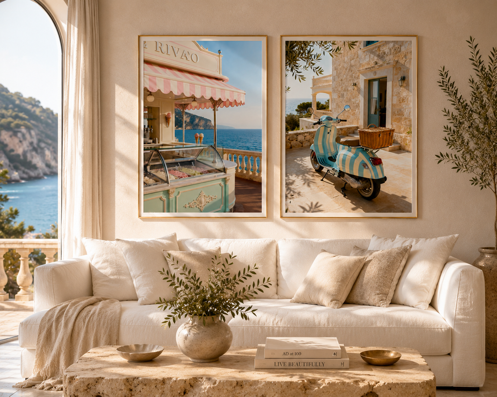 Italian Riviera Wall Art Set of 2: Vintage Scooter & Coastal Photography Printable