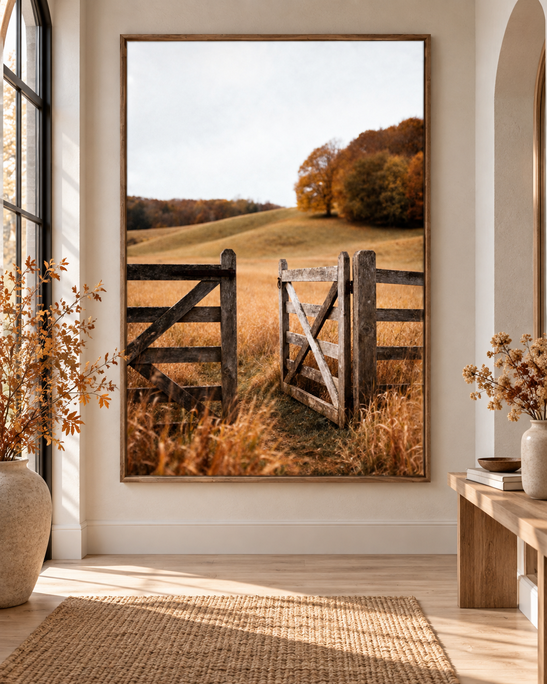 Autumn Countryside Wall Art: Wooden Gate Meadow Landscape Photography Printable