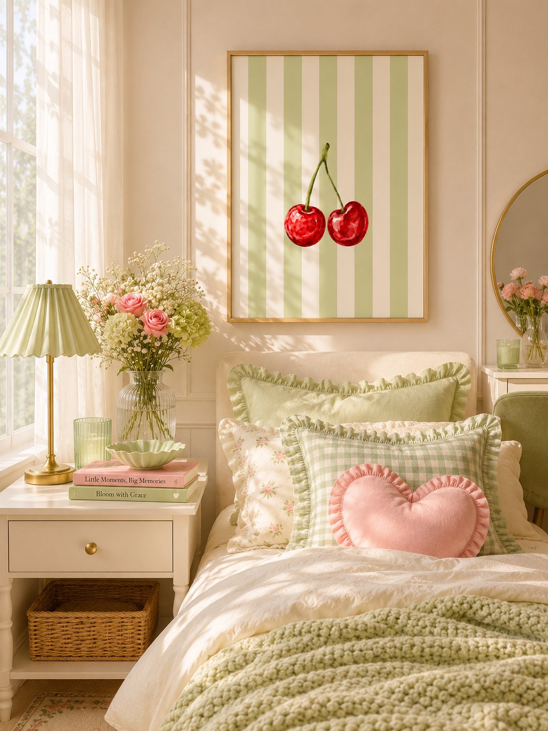 Cherry Wall Art Set of 3: Pastel Striped Bedroom Decor, Coquette Printable