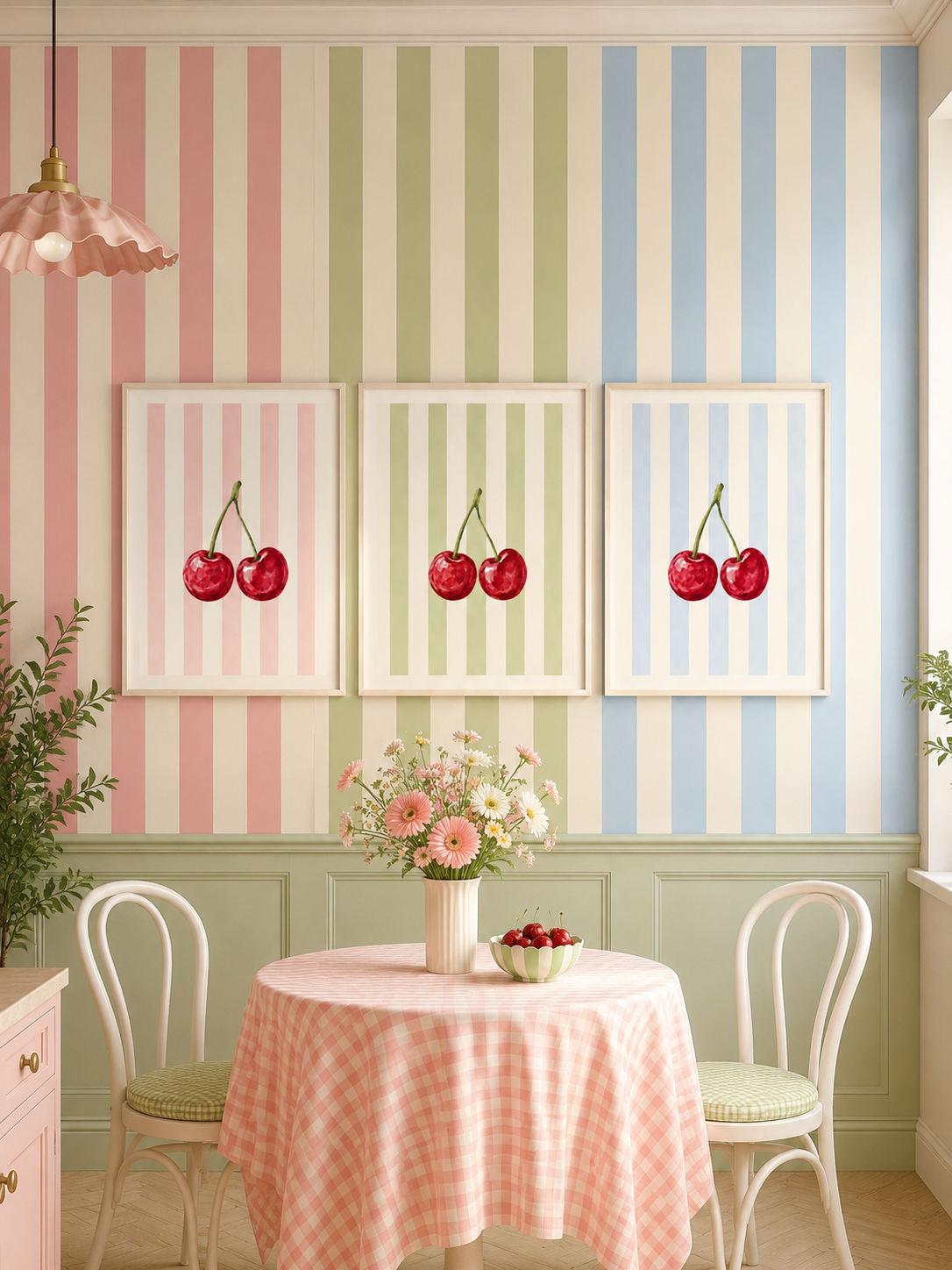 Cherry Wall Art Set of 3: Pastel Striped Bedroom Decor, Coquette Printable
