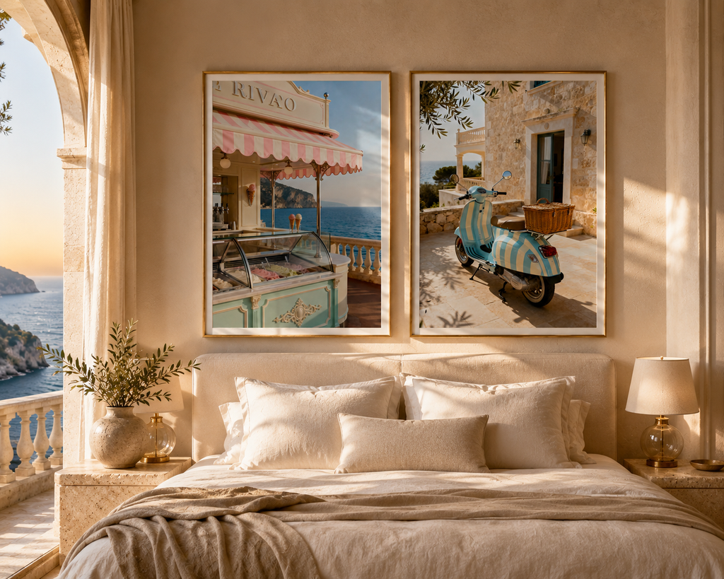 Italian Riviera Wall Art Set of 2: Vintage Scooter & Coastal Photography Printable