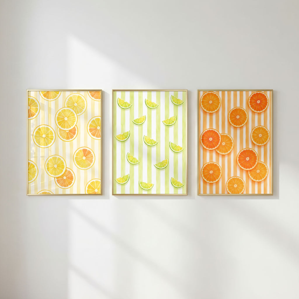 Striped Fruit Wall Art Set of 6: Mediterranean Kitchen Decor & Citrus Printable