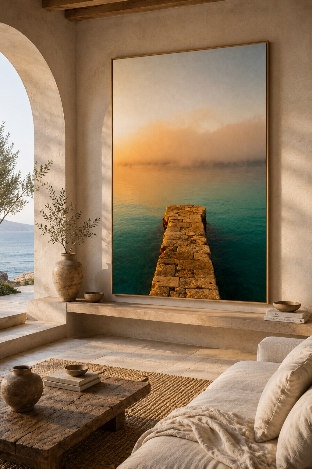 Mediterranean Coastal Wall Art: Stone Pier Bathroom Decor Printable