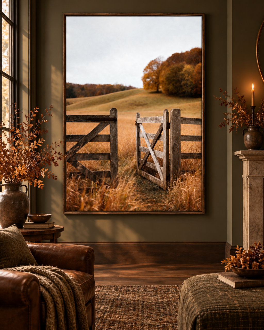 Autumn Countryside Wall Art: Wooden Gate Meadow Landscape Photography Printable