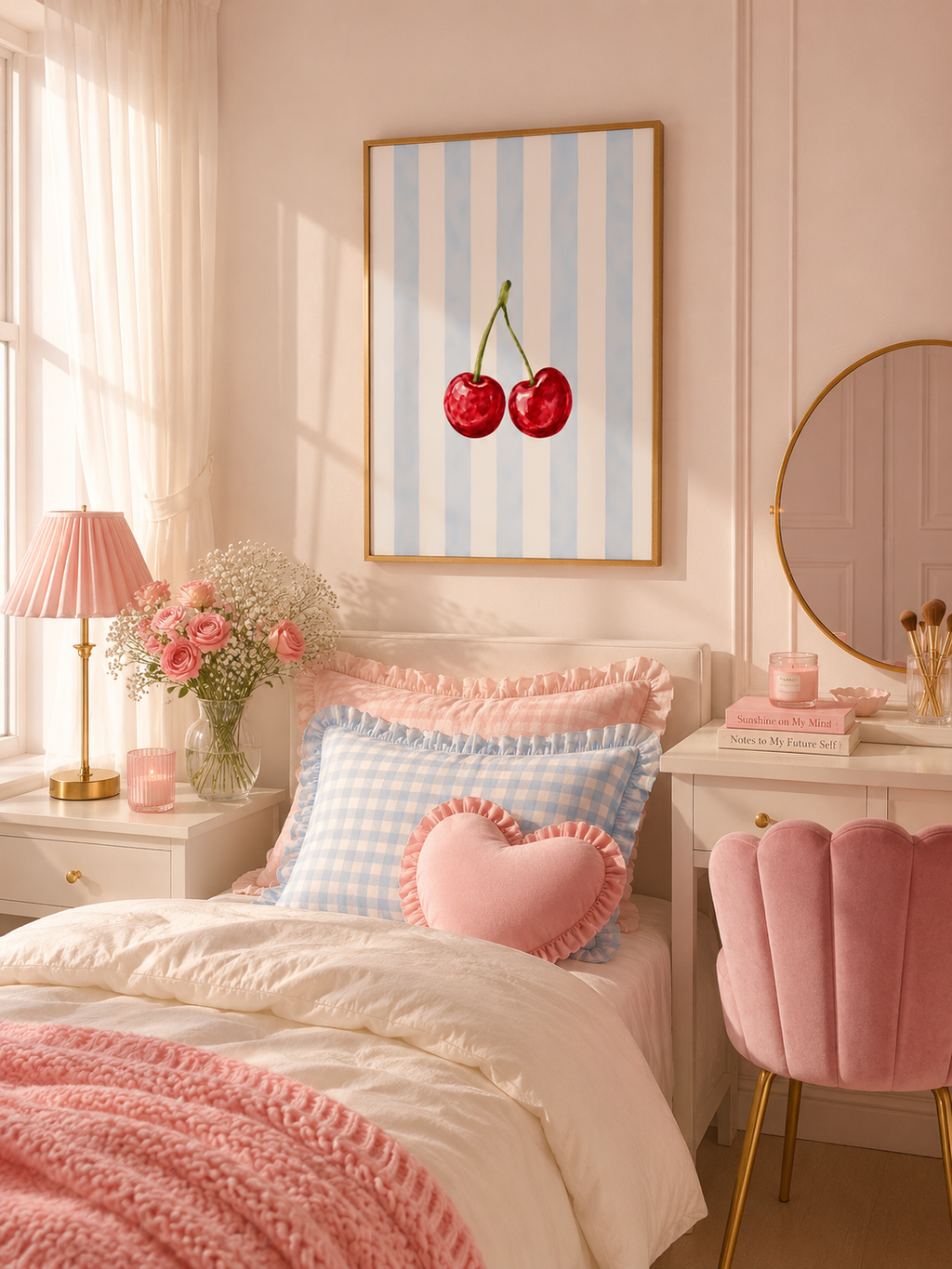 Cherry Wall Art Set of 3: Pastel Striped Bedroom Decor, Coquette Printable
