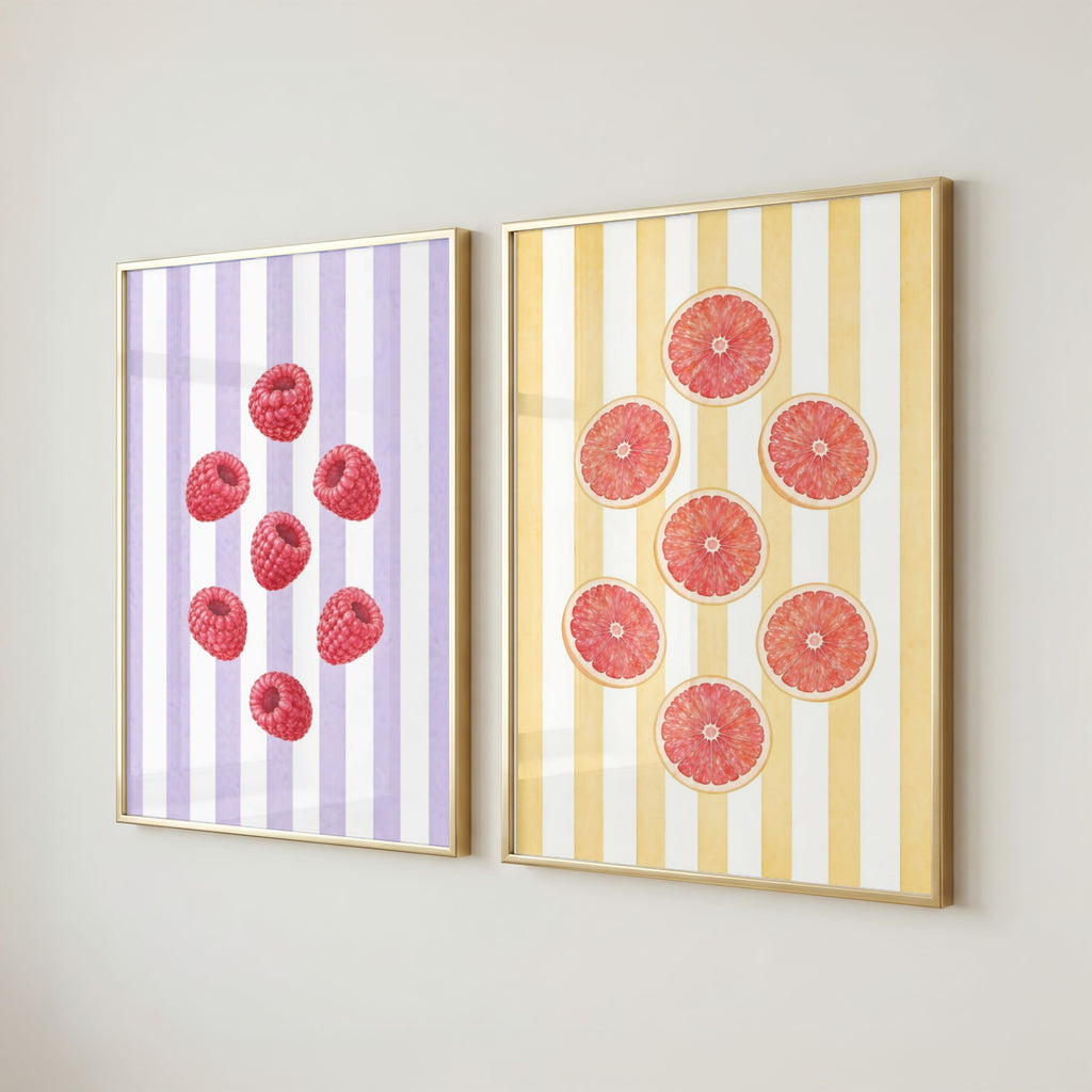 Striped Fruit Wall Art Set of 8: Colorful Kitchen Fruit Decor, Lemon Strawberry Cherry Printable