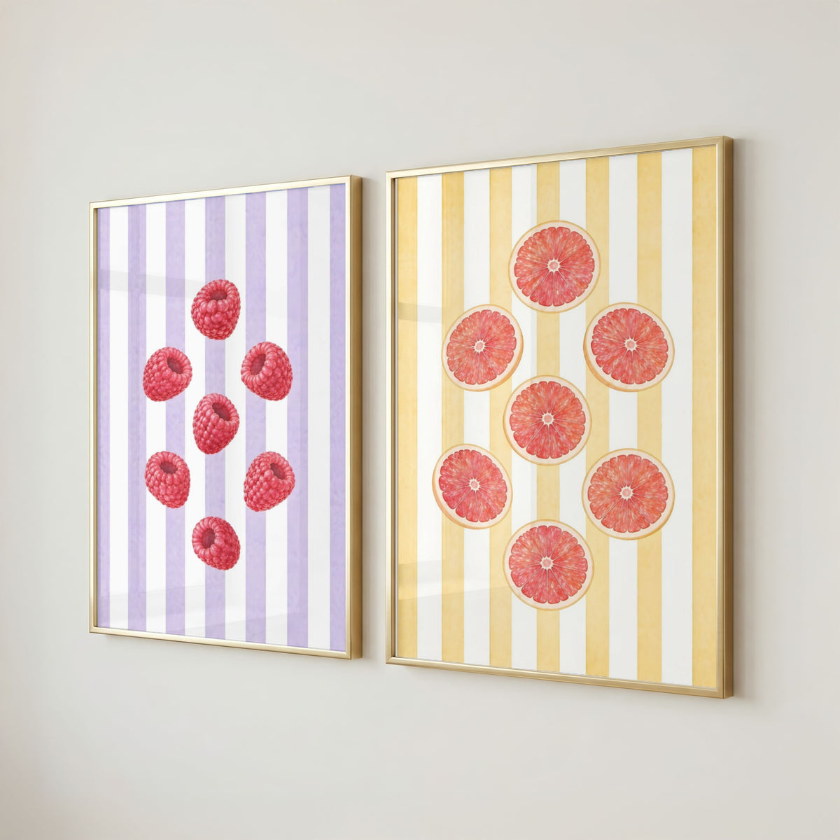 Striped Fruit Wall Art Set of 8: Colorful Kitchen Fruit Decor, Lemon Strawberry Cherry Printable
