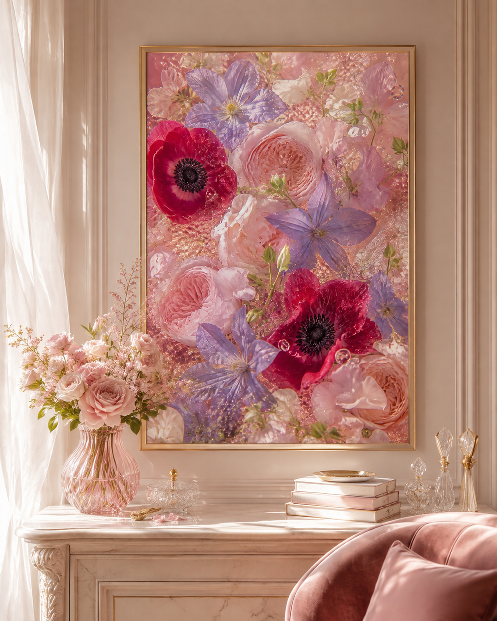 Pink Flower Wall Art: Romantic Anemone & Rose Photography, Feminine Bedroom Decor Printable
