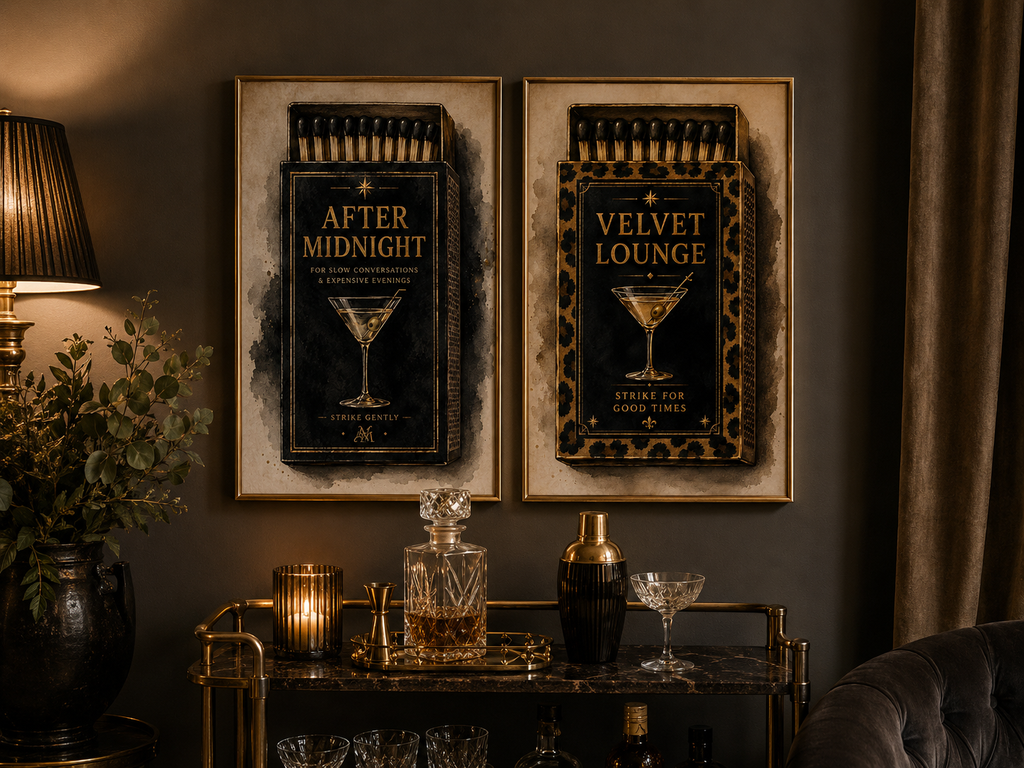 Vintage Martini Matchbox Wall Art Set of 2: Moody Cocktail Lounge Printable