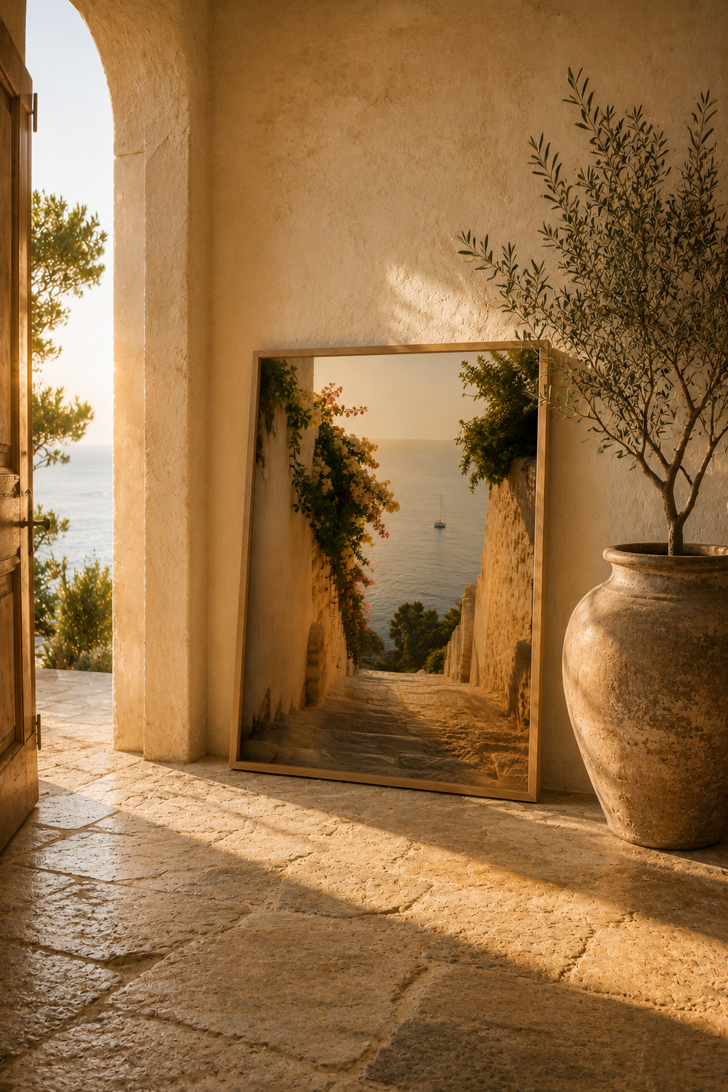 Sea View Wall Art: Mediterranean Bedroom Decor, Stairway Photography, Quiet Luxury Printable
