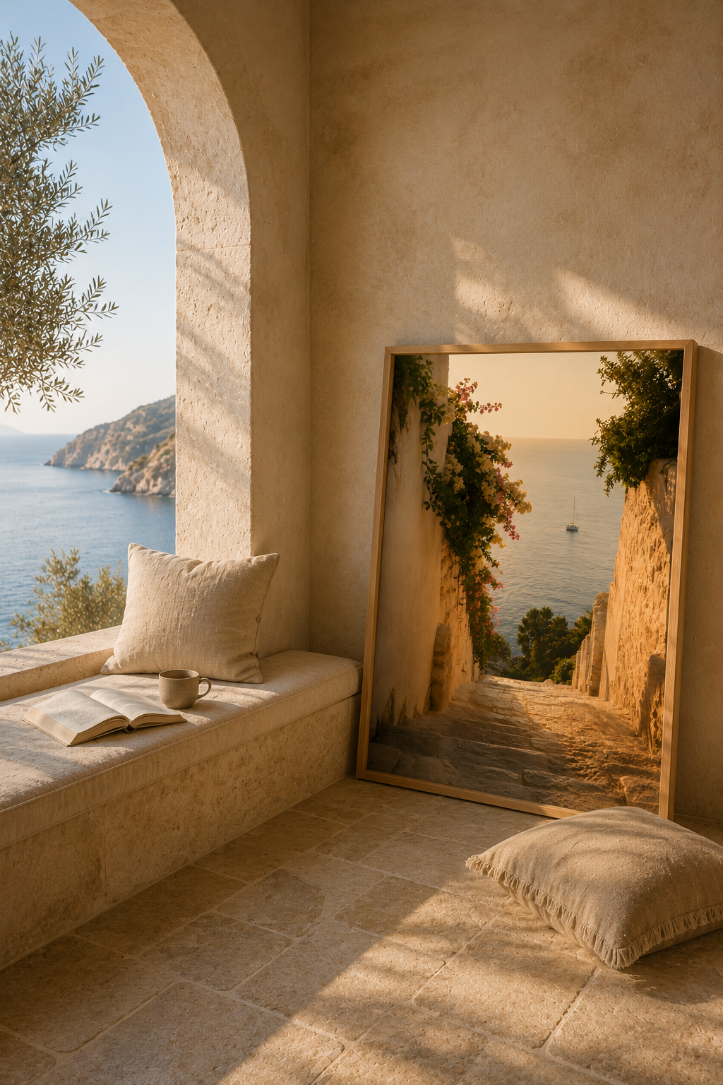 Sea View Wall Art: Mediterranean Bedroom Decor, Stairway Photography, Quiet Luxury Printable