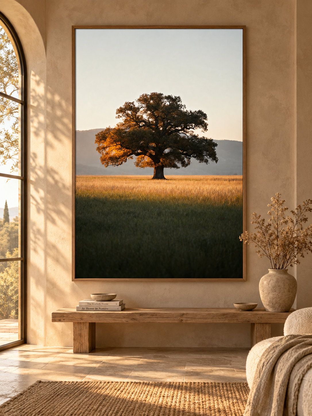Oak Tree Wall Art: Autumn Countryside Landscape Photography, Golden Hour Nature Decor Printable