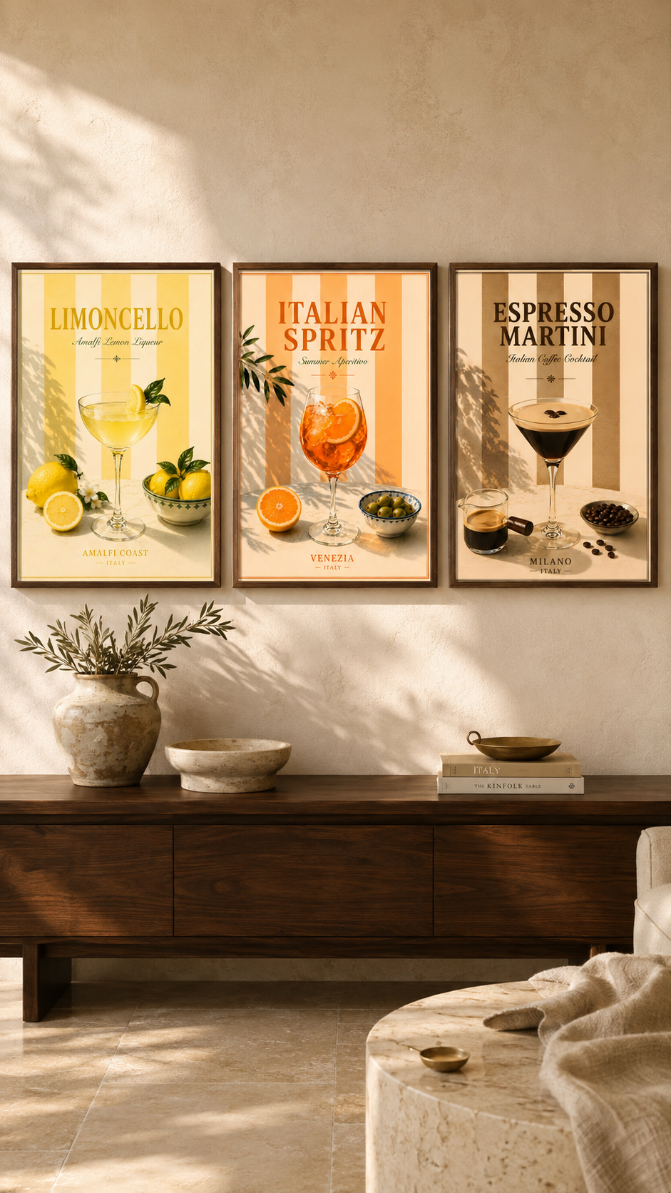 Mediterranean Cocktail Wall Art Set of 3: Italian Spritz, Limoncello & Espresso Martini Printable