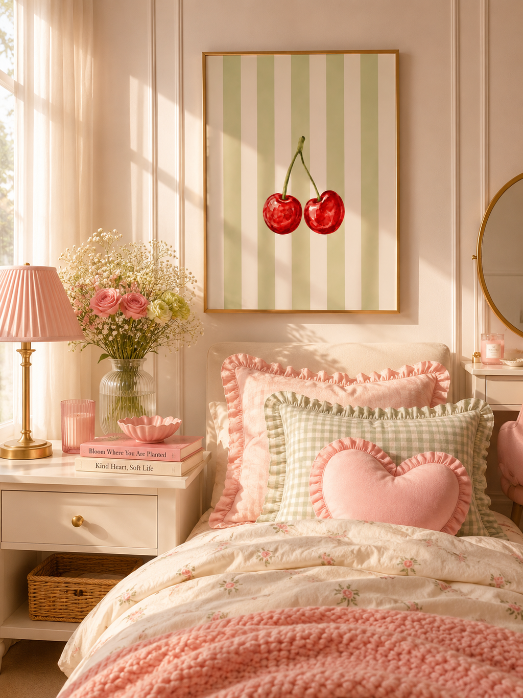 Cherry Wall Art Set of 3: Pastel Striped Bedroom Decor, Coquette Printable