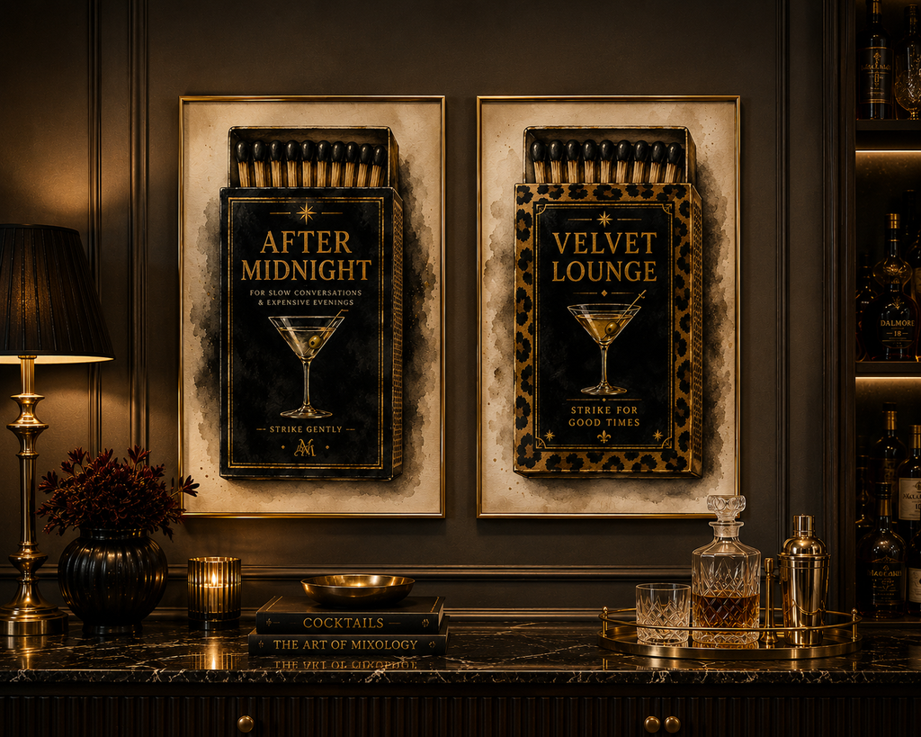 Vintage Martini Matchbox Wall Art Set of 2: Moody Cocktail Lounge Printable