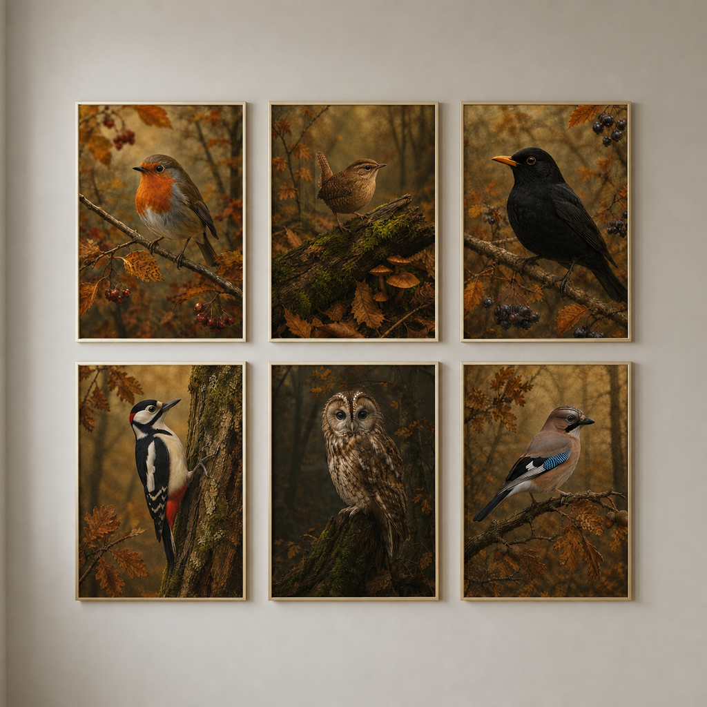 Fall Bird Wall Art Set of 6: Moody Woodland Printable