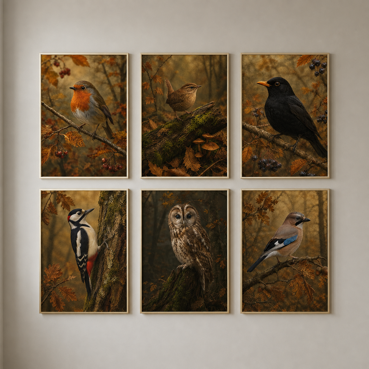 Fall Bird Wall Art Set of 6: Moody Woodland Printable