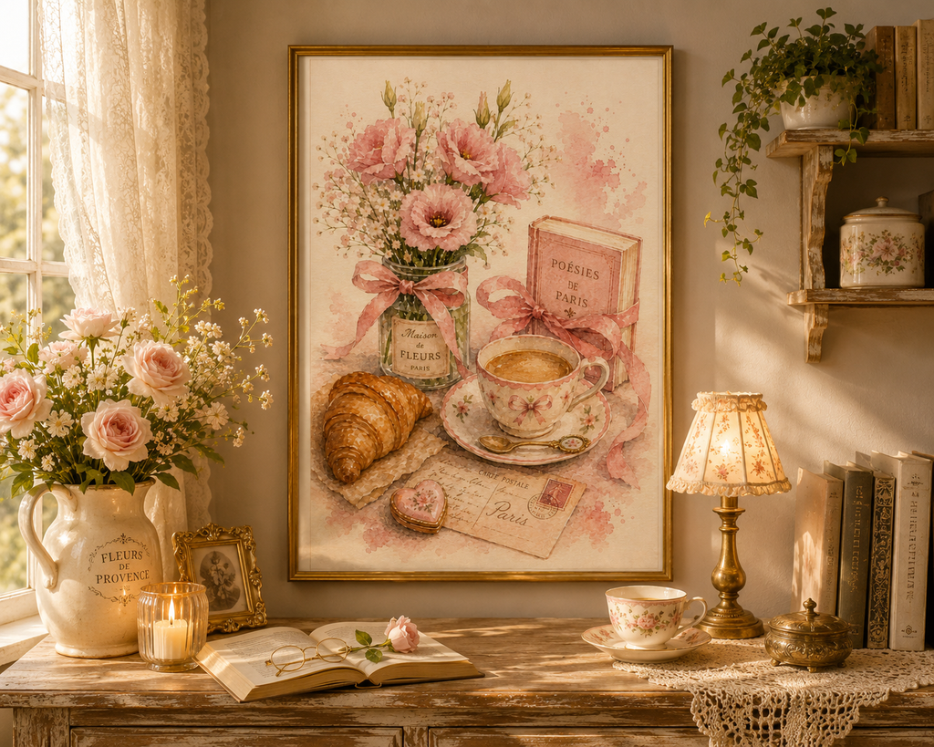 Parisian Romance Wall Art Set of 4: Feminine French Café Printable Collection