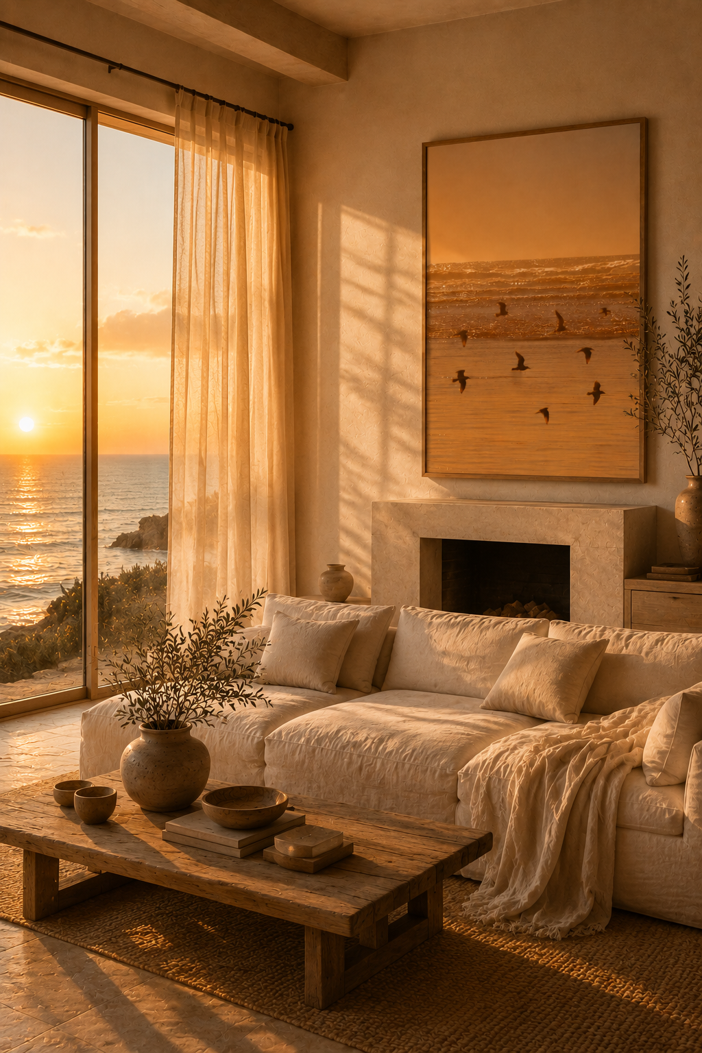 Sunset Wall Art: Golden Hour Beach Photography, Seagull Decor, Neutral Coastal Bedroom Printable