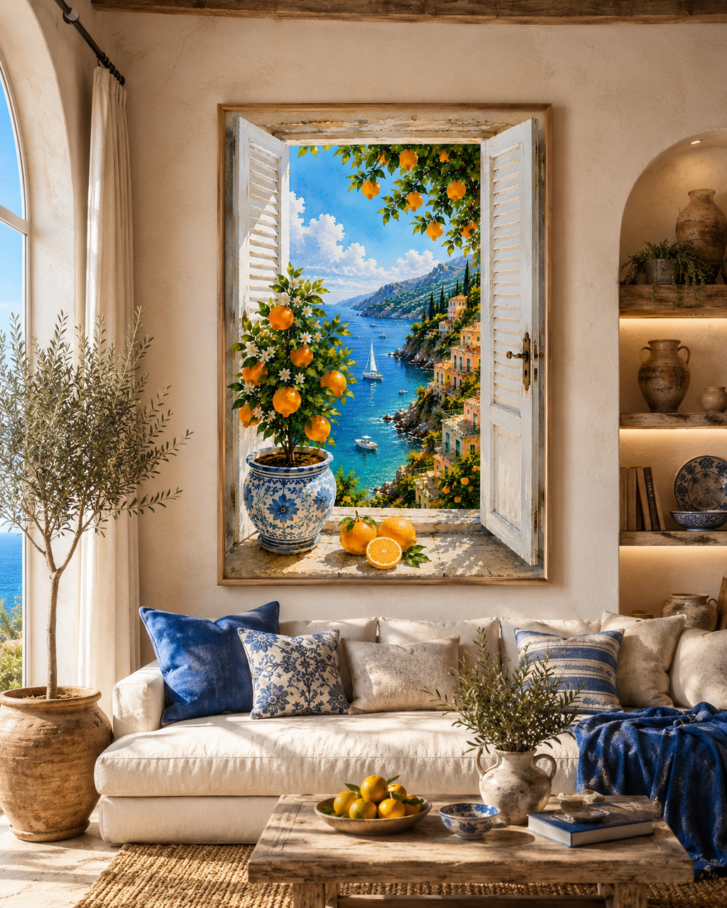 Mediterranean Window Wall Art Set of 3: Amalfi Coast Lemon Trees & Coastal Views Printable