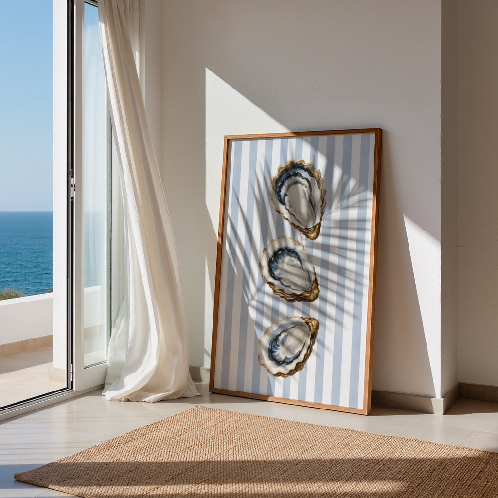 Oyster Wall Art: Coastal Mediterranean Beach House Decor, Blue Striped Printable