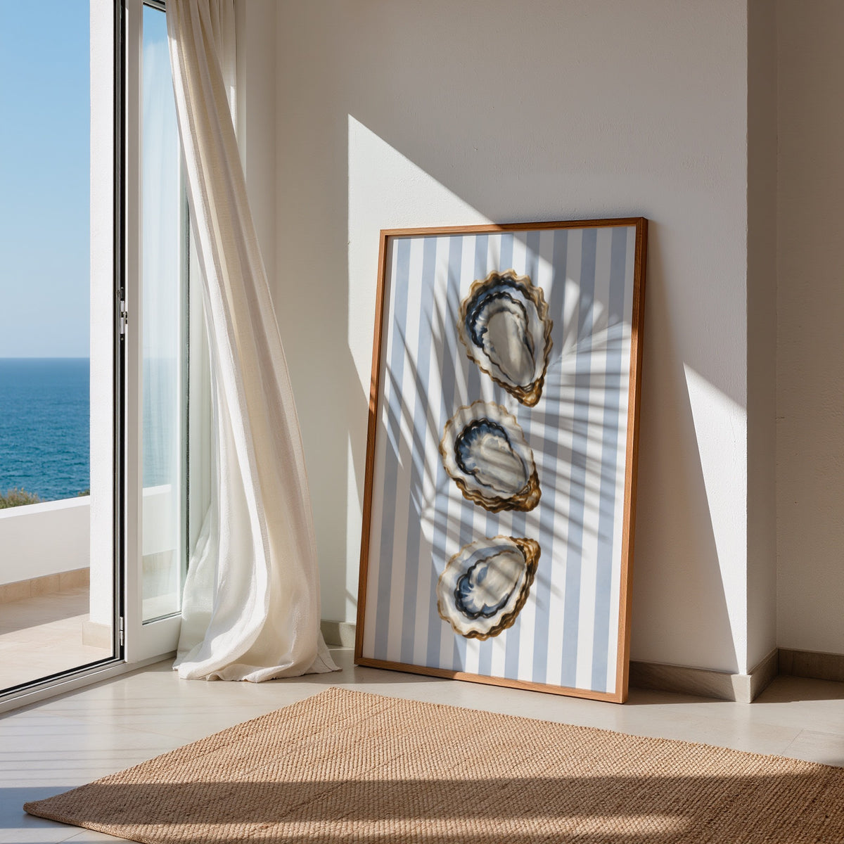 Oyster Wall Art: Coastal Mediterranean Beach House Decor, Blue Striped Printable