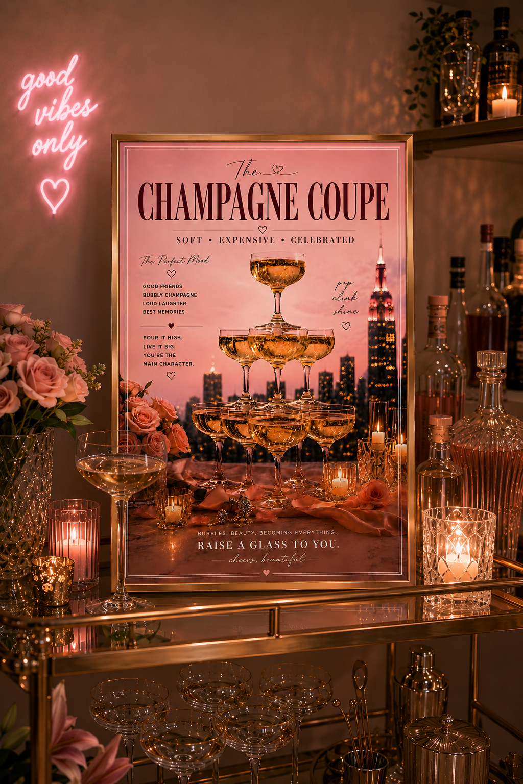 Pink Champagne Tower Cocktail Wall Art: Feminine Luxury Parisian Bar Cart Printable Poster