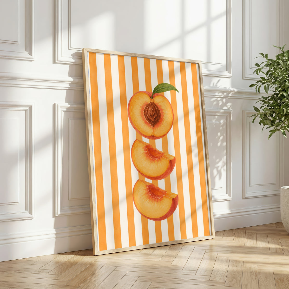 Striped Fruit Wall Art Set of 6: Colorful Modern Kitchen Decor, Lemon Cherry Printable