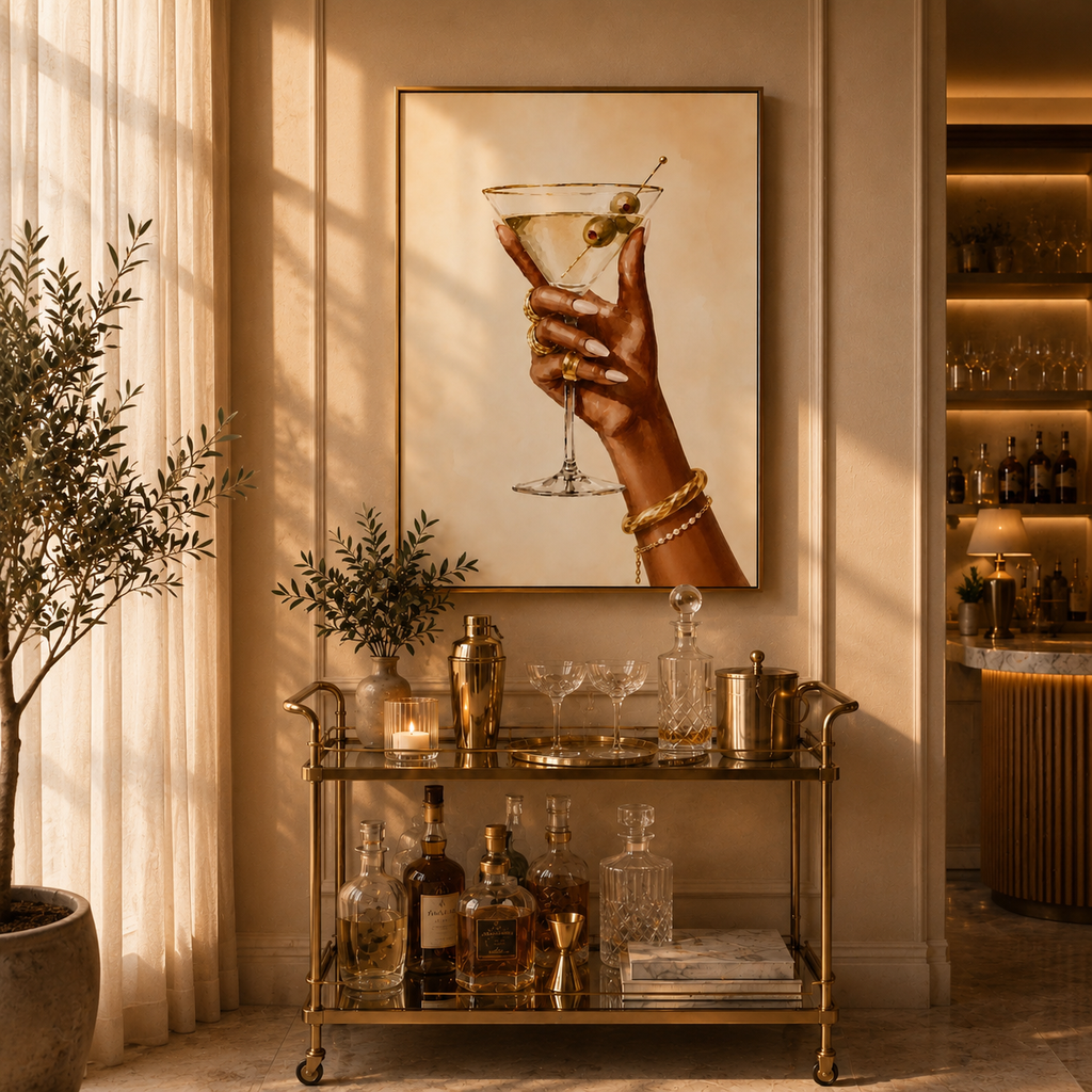 Martini Wall Art: Hand Holding Cocktail Glass, Feminine Bar Cart Decor, Chic Kitchen Printable