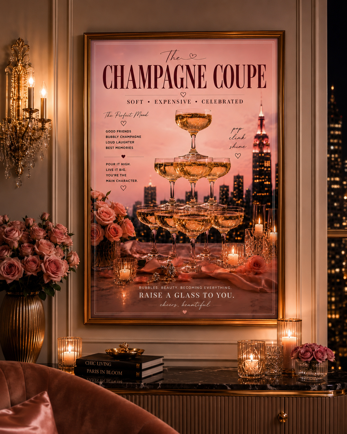 Pink Champagne Tower Cocktail Wall Art: Feminine Luxury Parisian Bar Cart Printable Poster