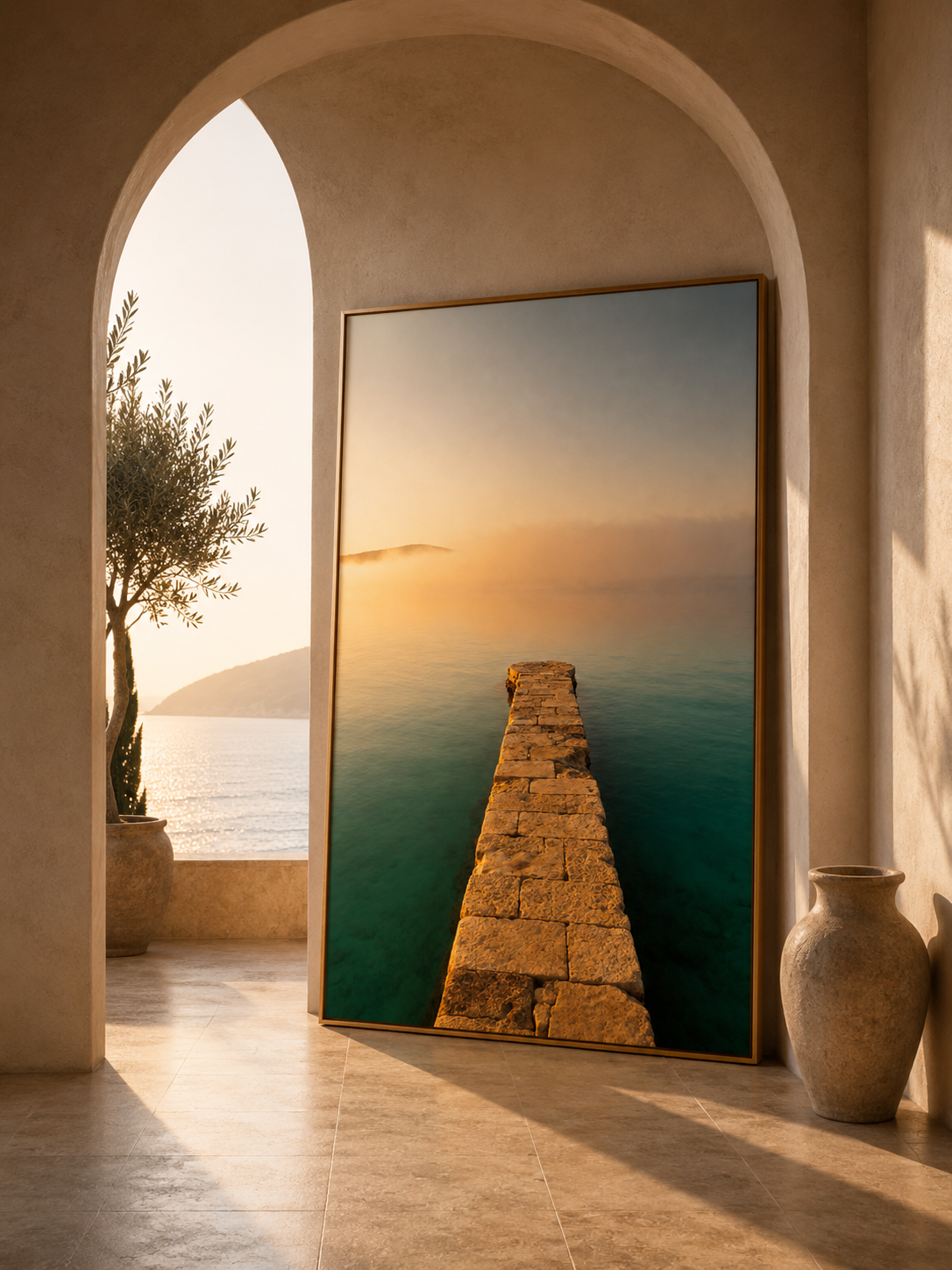 Mediterranean Coastal Wall Art: Stone Pier Bathroom Decor Printable