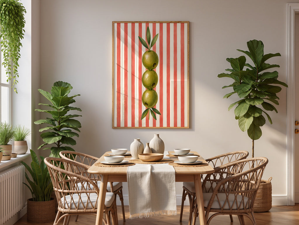 Striped Fruit Wall Art Set of 6: Colorful Modern Kitchen Decor, Lemon Cherry Printable