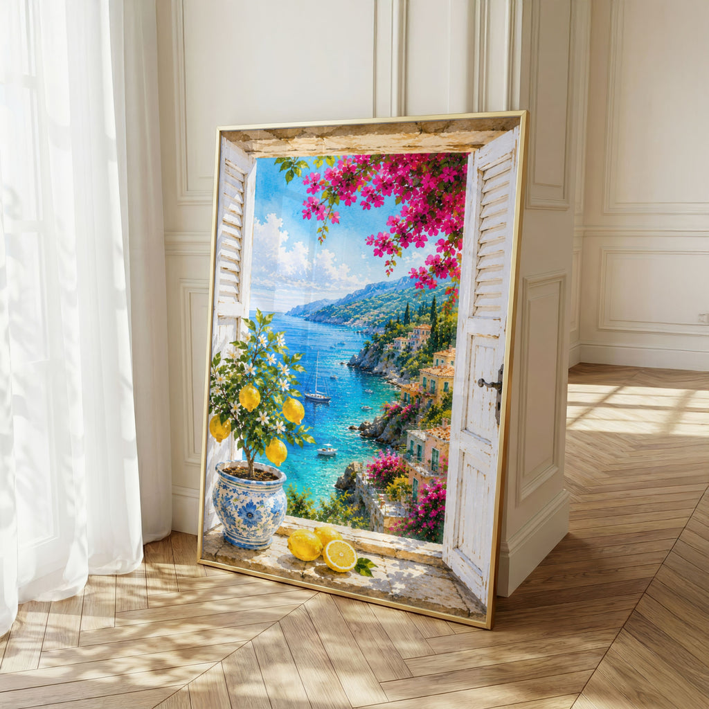 Mediterranean Window Wall Art Set of 3: Amalfi Coast Lemon Trees & Coastal Views Printable